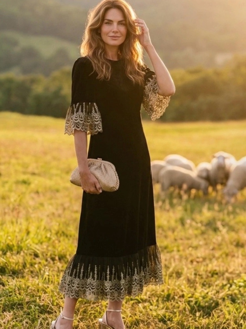 Pomander Tuckernuk Place Black Maxi Dress with Gold Lace Trim